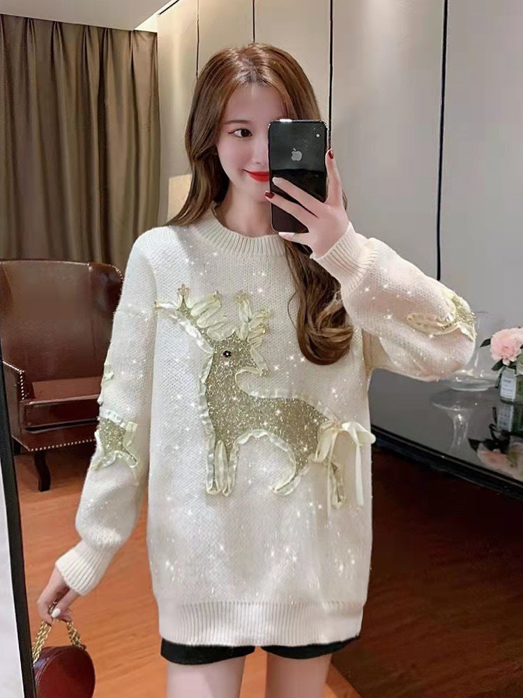 Winter New Christmas Moose Heavy Industry Sweater Women Fashion Loose Atmosphere Feeling Red Thick Sweater Women's Top