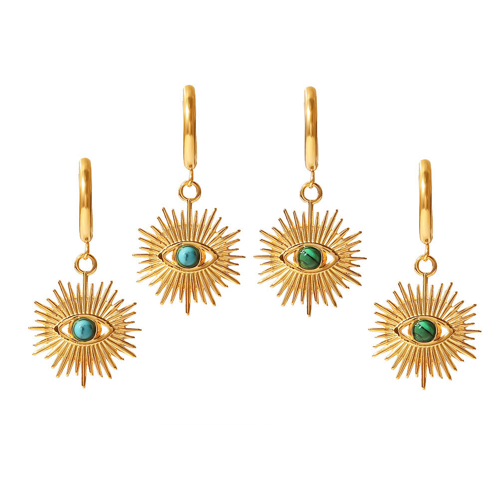 5pcs Titanium Steel Earrings Stainless Steel Plated 18K Gold Turquoise Peacock Turquoise Hollow Devil's Eye Earrings