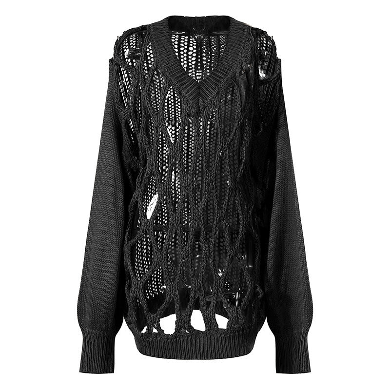 Spring Fashion Runway Design Sense V-Neck Personality Mesh Hollow Woven Lantern Sleeve Loose Women's Sweater