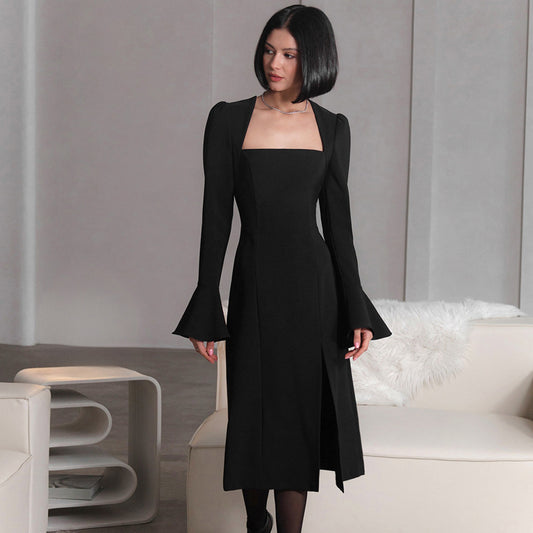 Black Square Collar Flared Sleeves Sexy Split Dress New Fall Fashion Commuter Dress