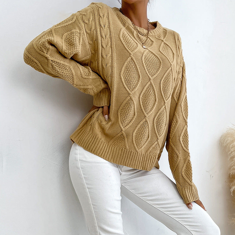 Fashion Women's Casual Solid Color Long Sleeve Jacquard Crewneck Sweater Woman