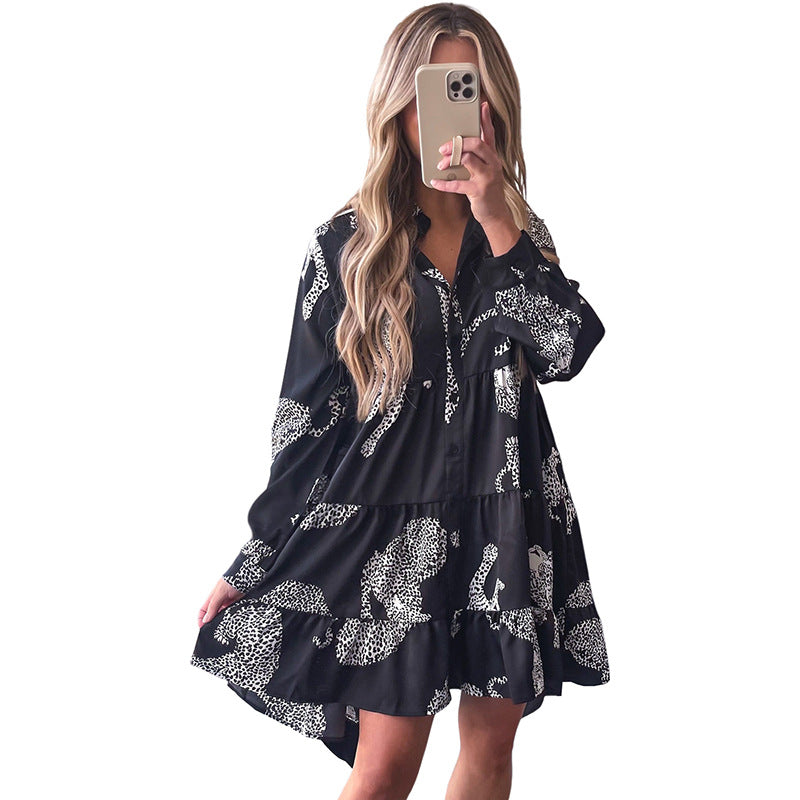 Autumn New Long Sleeve Shirt Dress Female Personality Leopard Print Ruffled Skirt Female