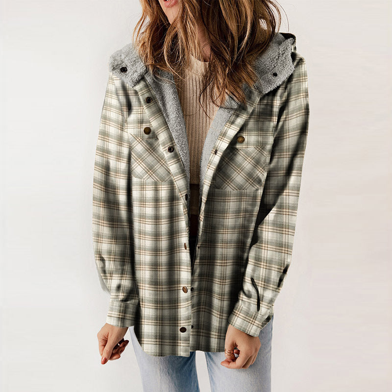 Winter New Casual Plaid Hooded Coat Woman Thick Plus Fleece Warm Jacket Woman