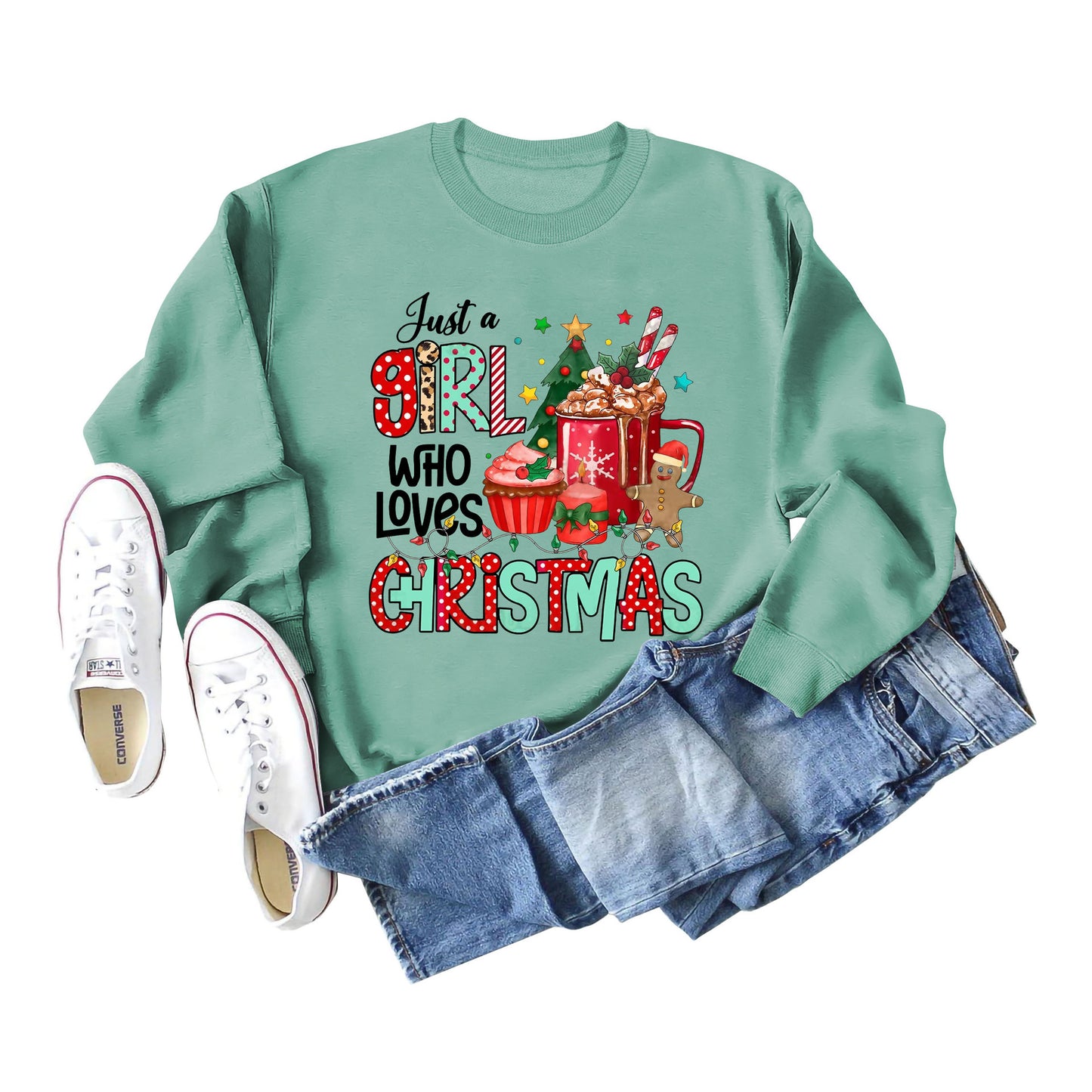 Just A Girl Who Letters Christmas Bottom Crewneck Long-Sleeved Hoodie