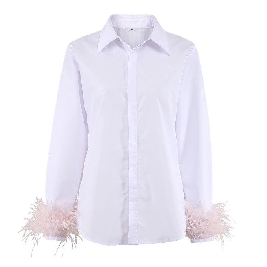 Autumn Fashion Slim Ostrich Hair Long Sleeve Women's White Shirt Design Sense Top