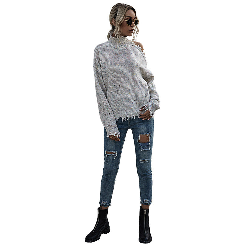 Loose Off-The-Shoulder Hole Long-Sleeved High-Neck Knitwear Sweater Women Fall Women's Wear