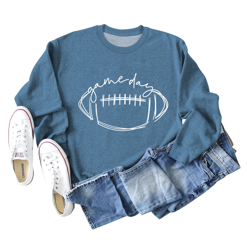 Game Day Rugby Letter-Printed Crew-Neck Fashion Long-Sleeved Hoodie With Base