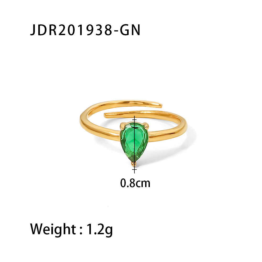 5pcs Fine Titanium Steel Ring 18K Gold White/Green/Color Drop Shape Zircon Adjustable Ring