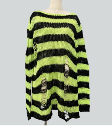 Knitwear Women's Mid-Length Punk Dark Holes Torn Sweater Couple Stripes Loose