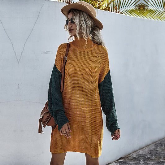 Long-Sleeved Knitted Slim-Fit Match Color Sweater Dress Women Long Match Autumn And Winter