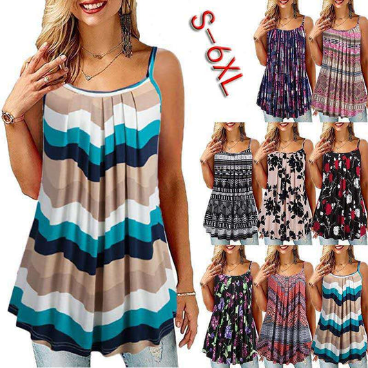 Large Size Women's Digital Print Fold Big Swing Loose Halter Shirt