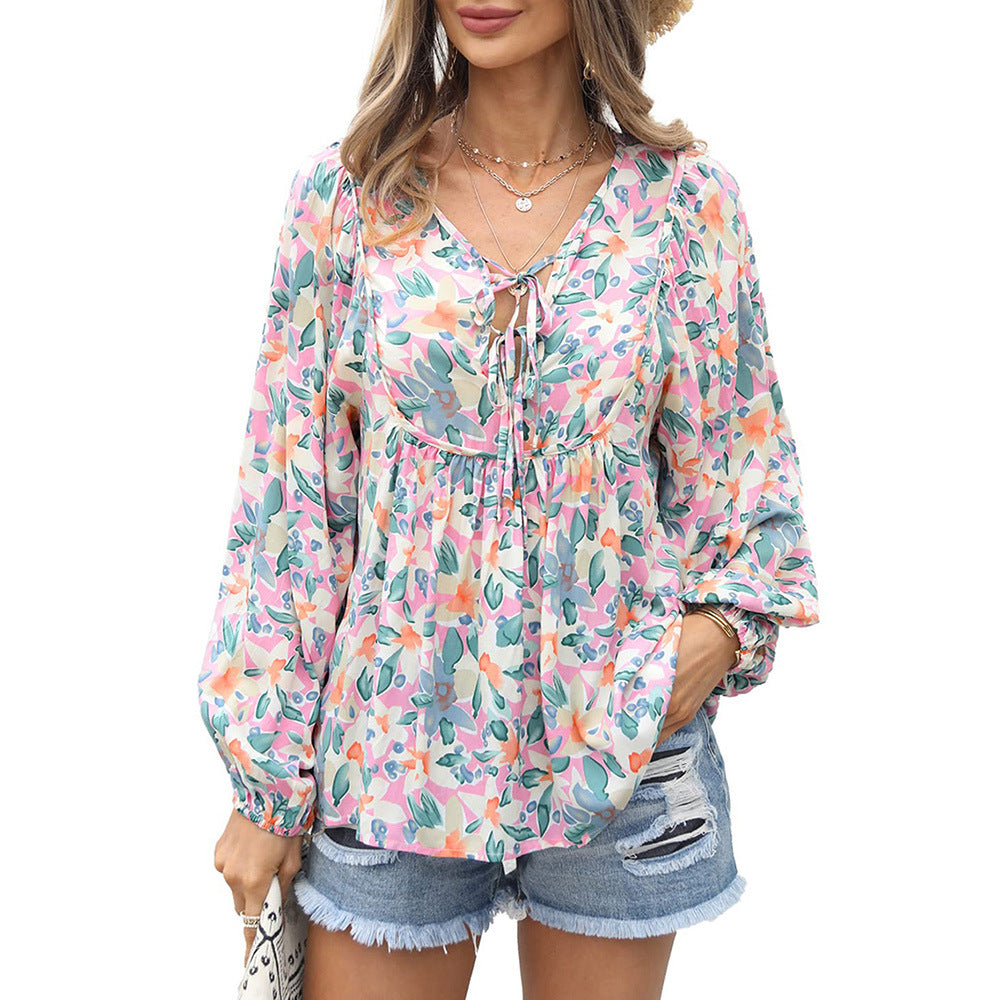 Spring And Autumn New Long-Sleeved Chiffon Shirt Women Loose Pullover Floral T-Shirt