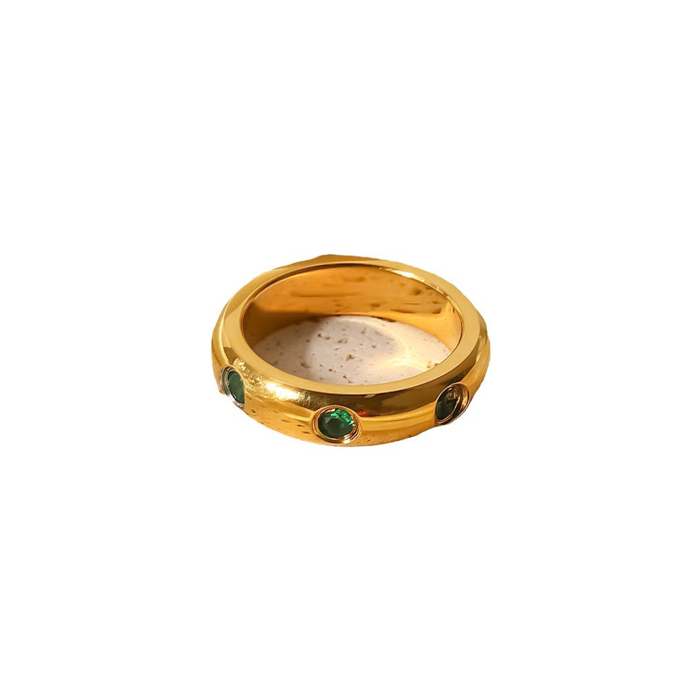 5pcs Jewelry 18K Gold Stainless Steel Inlaid Green Zircon Ring Ladies Fashion All-Match Ring