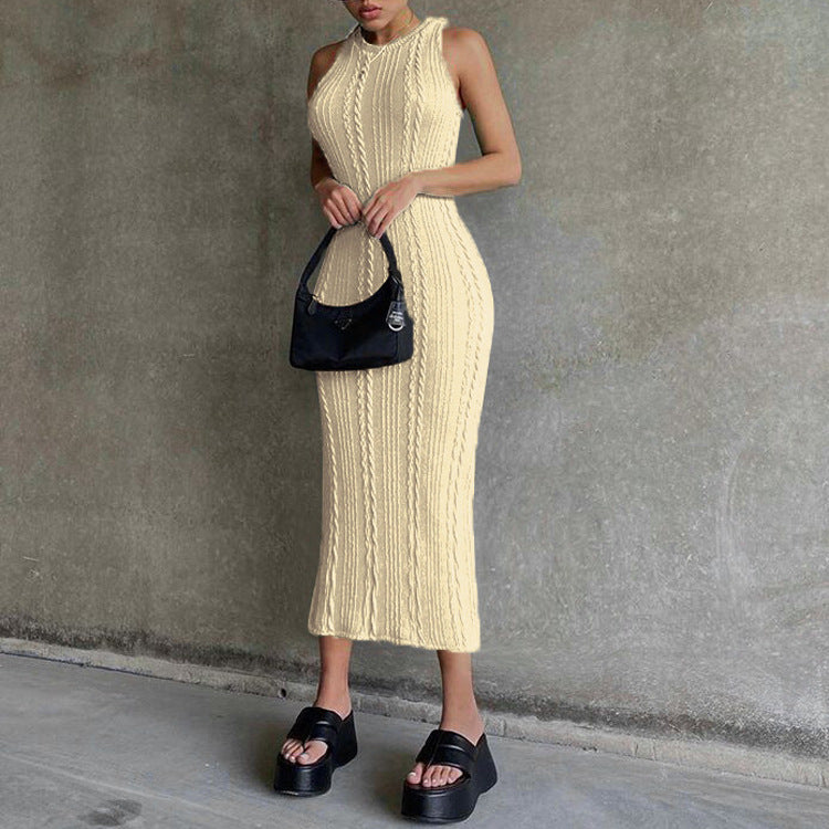 Style Bag Hip High Waist Slim Solid Color Plus Size One-Step Skirt Knitted Sleeveless Pullover Round Neck Dress