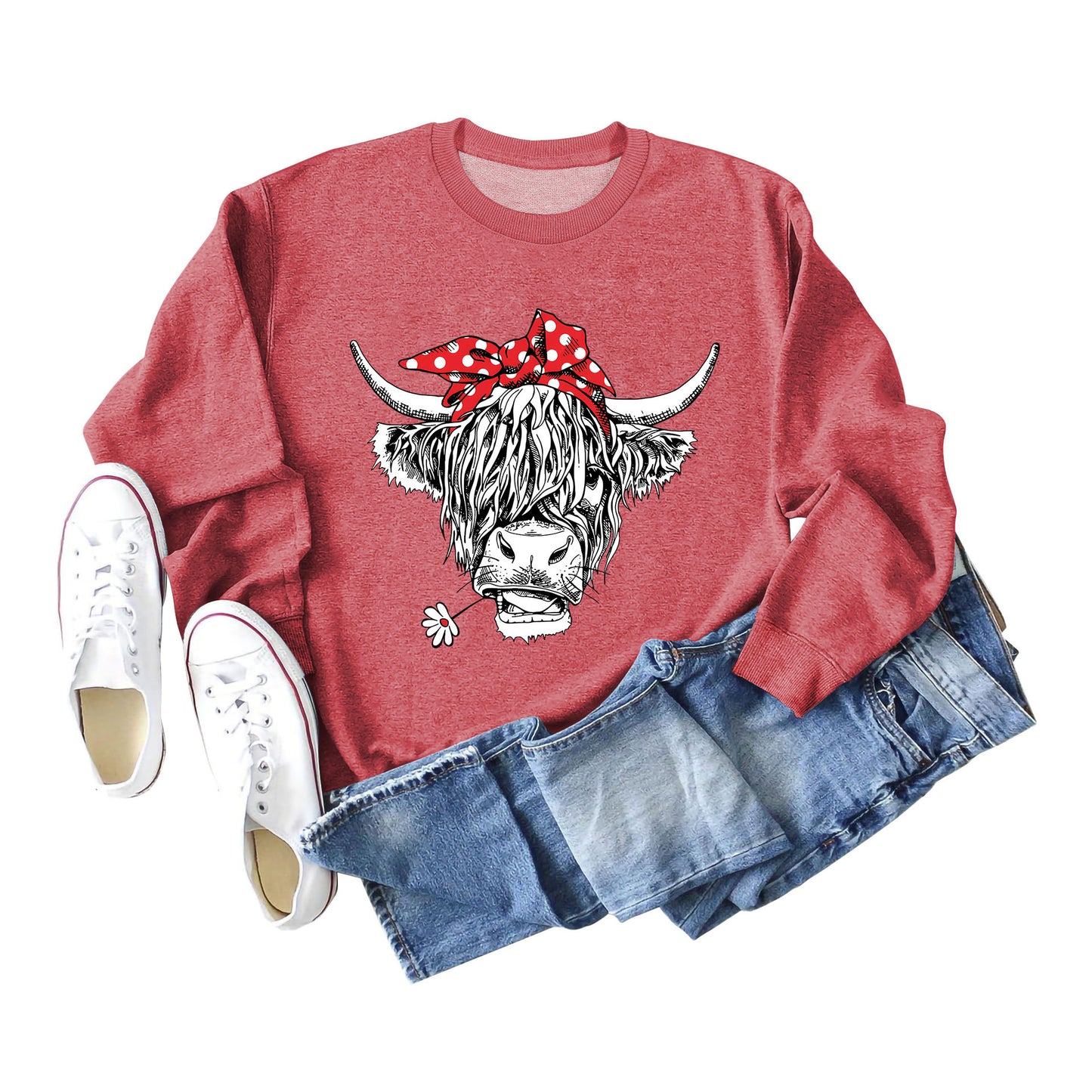 Casual Long Sleeve Crewneck Red Bow Cow Fun Print Loose Women's Hoodie