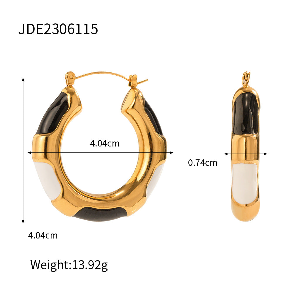 5pcs New Titanium Steel Gold-Plated Earrings Fashion 18K Gold Stainless Steel Dripping Hollow Tube Black And White Interconnect Earrings