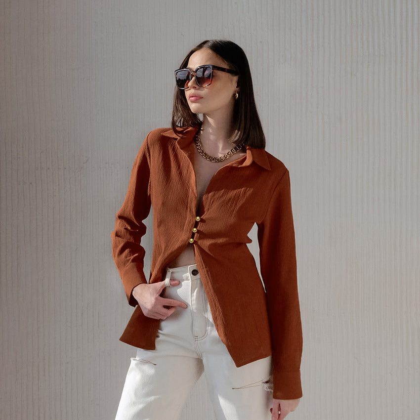 Slim-Fit Fashion Casual Shirt Autumn Commuter Brown V-Neck Long Sleeve Cardigan Shirt For Women