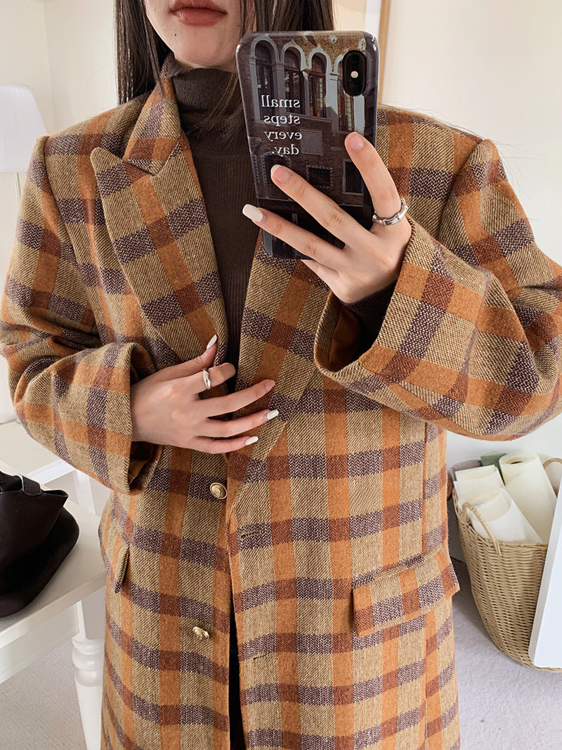 Cotton Thickened Plaid Woolen Coat Women's Plaid Coat