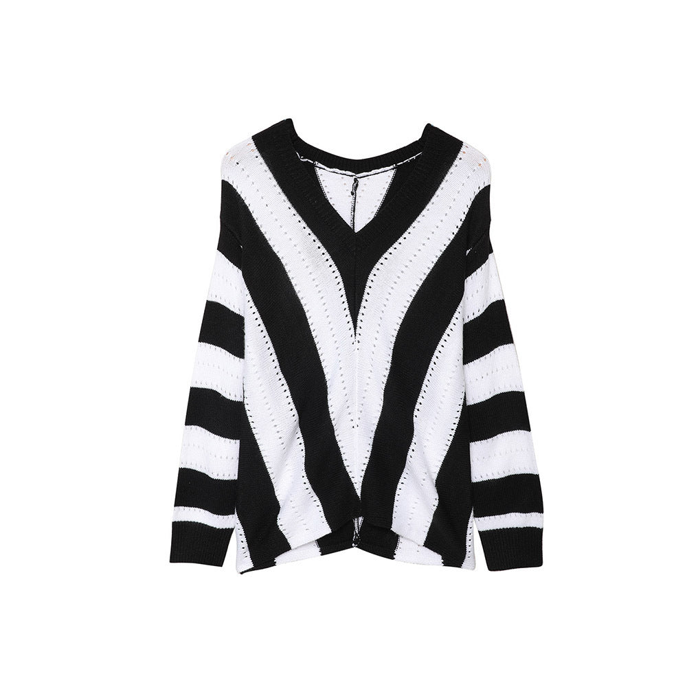 Casual V-Neck Loose Sweater Woman Autumn And Winter New Fashion Striped Color Pullover Sweater Woman