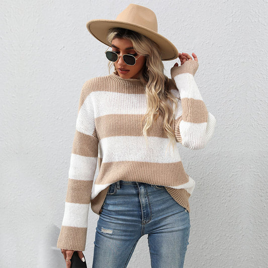 New Autumn And Winter Fashion Women's Long-Sleeved Striped Half Turtleneck Sweater