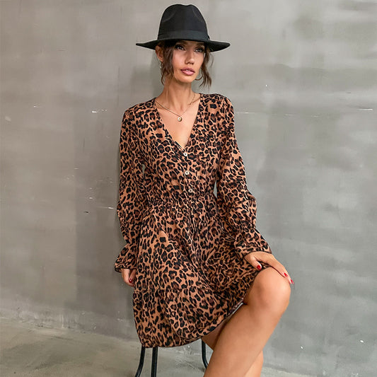 New Fashion Spring Women's Long-Sleeved V-Neck Leopard Print Dress