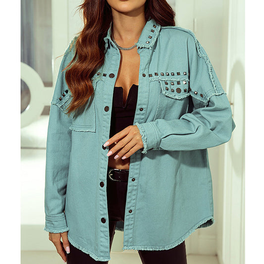 Autumn New Solid Color Denim Coat Female Personality Woolen Rivet Jacket Female