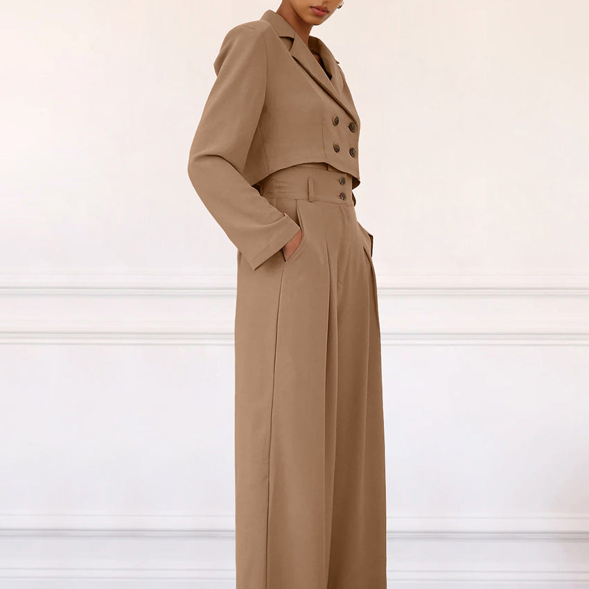 New Fall Fashion Khaki Suit Collar Temperament Short Top High Waist Pant Suit