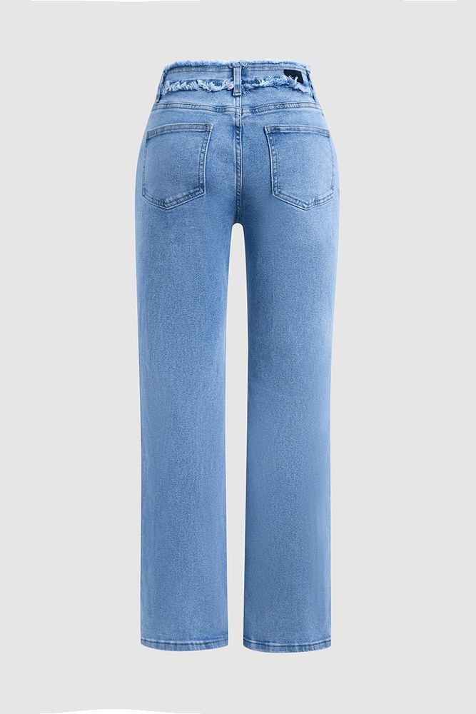 Frayed Detail Mid Waist Flare Jeans