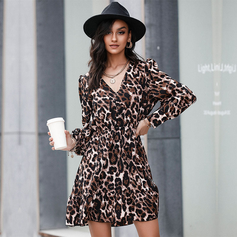 Vintage Women's Autumn And Winter Print Leopard Print Slim Long-Sleeved Dress