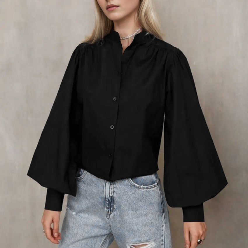 Spring Fashion Temperament Wildberries Solid Color Lapel Shirt Sleeves Casual Commuter Women's Wear