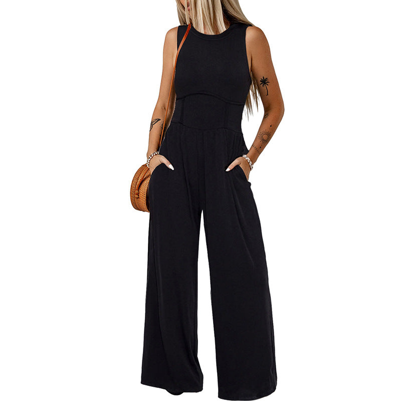 Fashion Simple Round Neck Sleeveless Jumpsuit Women Summer New Casual High Waist Wide Leg Pants Women