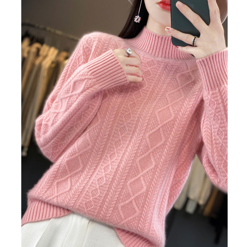 Autumn And Winter New 100% Woolen Sweater Women's Half Turtleneck Floral Thickened Sweater Set Cashmere Knitted Long-Sleeved Base Shirt