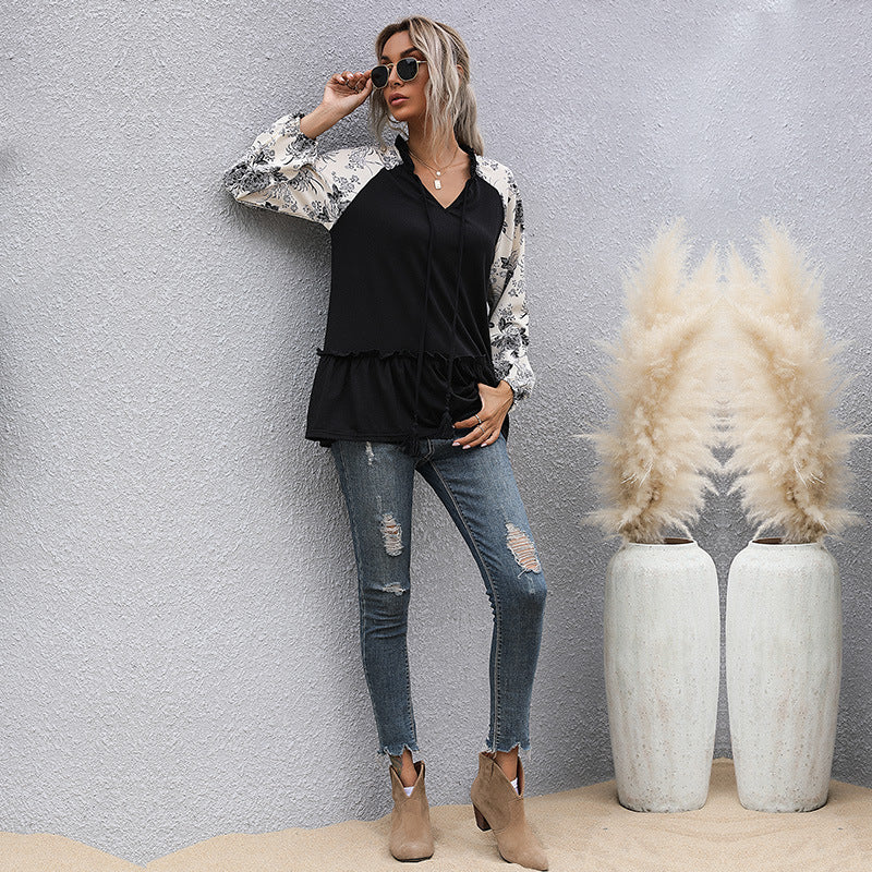 Style Casual Jacket Medium Long Loose Long-Sleeved V-Neck Black T-Shirt