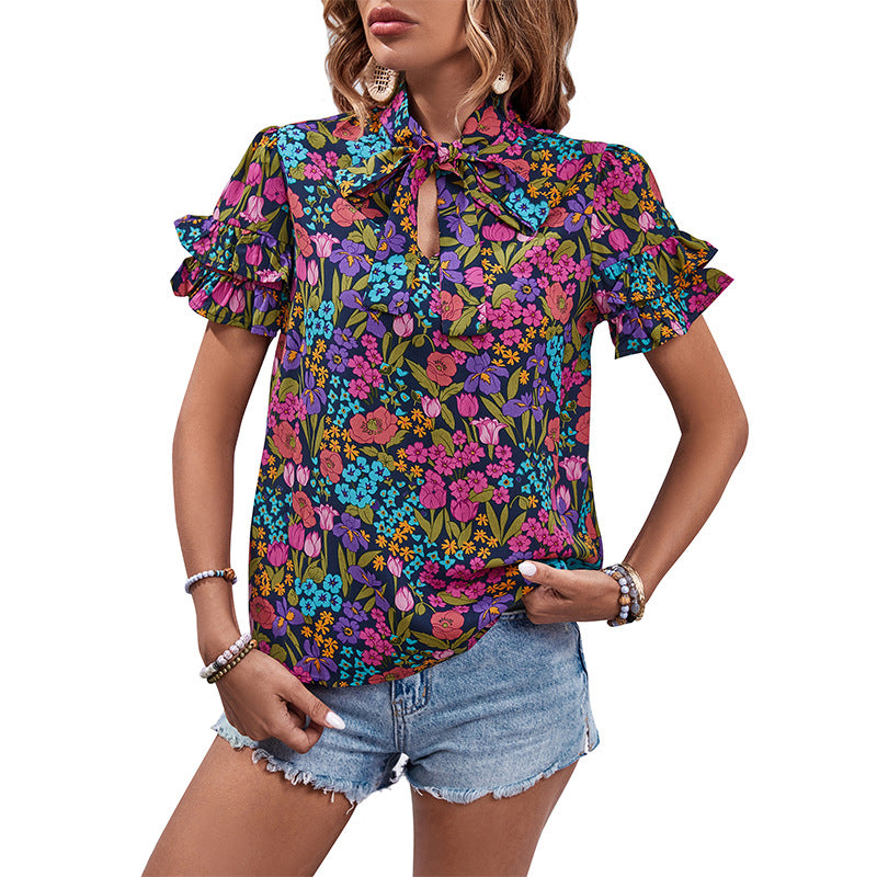 Summer New Women's Fashion Print National Style Shirt Woman