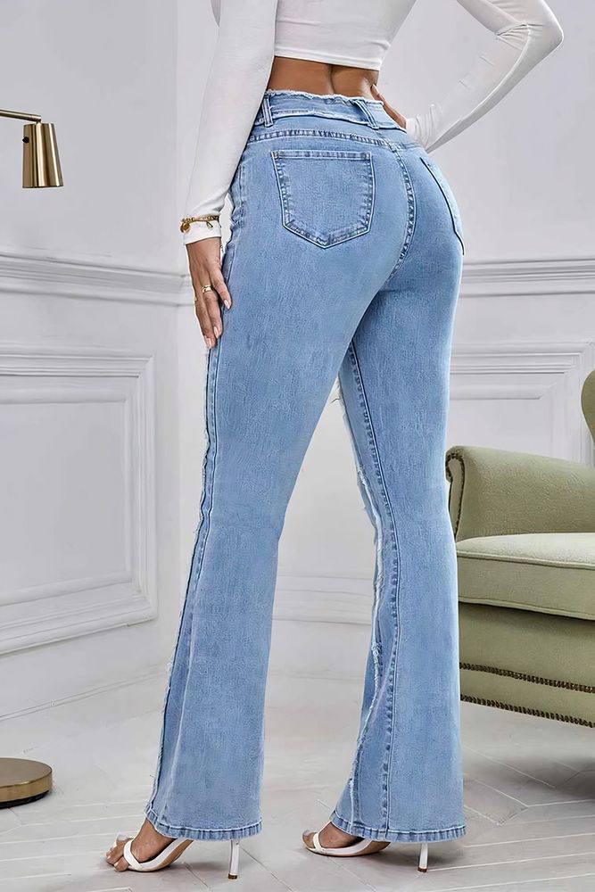 Frayed Detail Mid Waist Flare Jeans