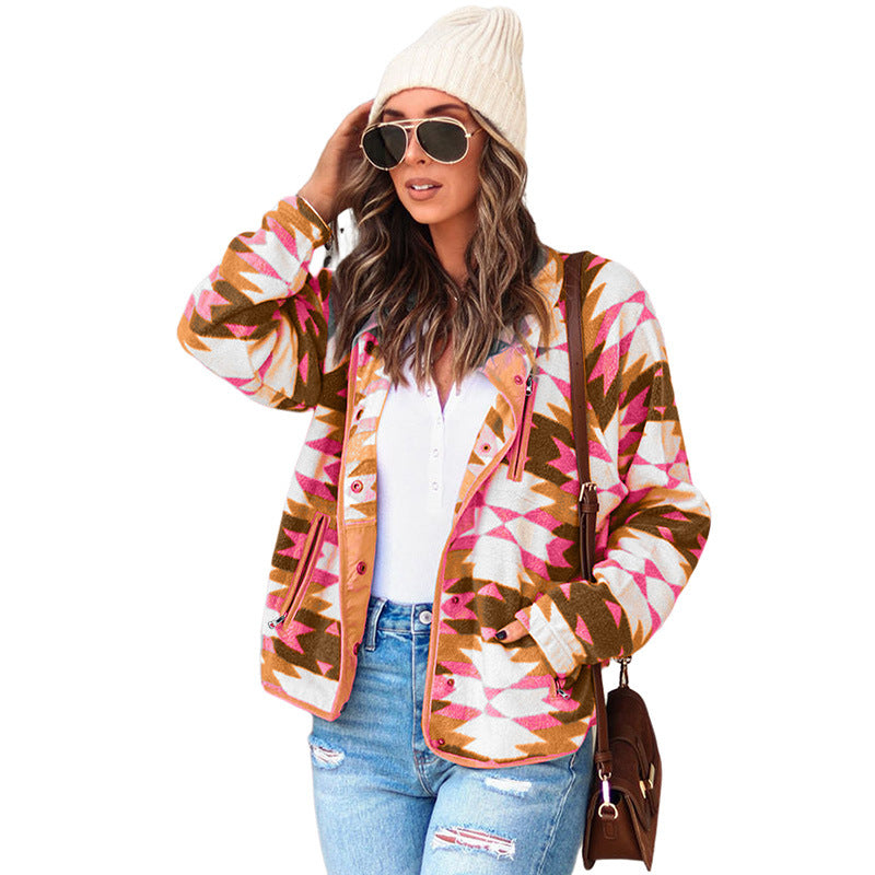 Fleece Jacket Women Winter New Geometric Print Long-Sleeved Coat Women