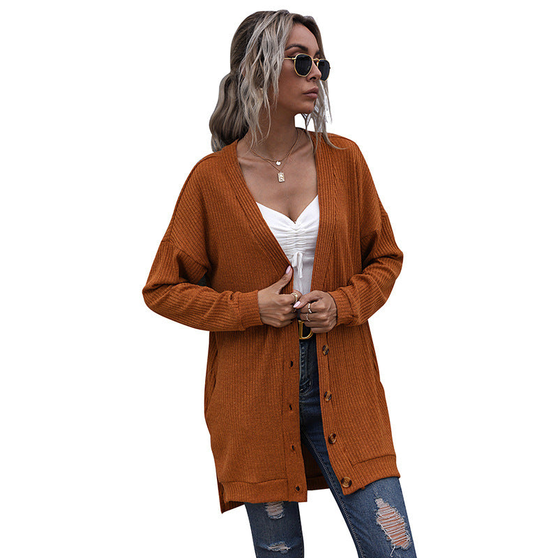 V-Neck Long-Sleeved Knitted Cardigan Sweater Coat for Women