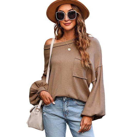 Autumn New Solid Color Furred Edge Pocket Long Sleeve Top Women Casual Style Pullover Sweater Woman