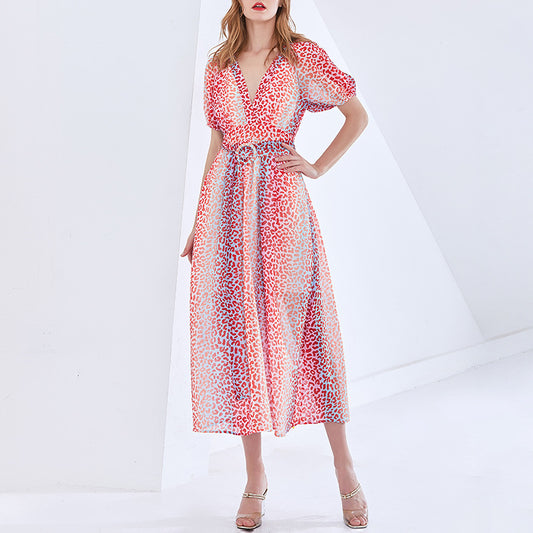 Fashion Spring New Sexy V-Neck Color Printing Leopard Bubble Sleeve Waist Long A-Line Dress