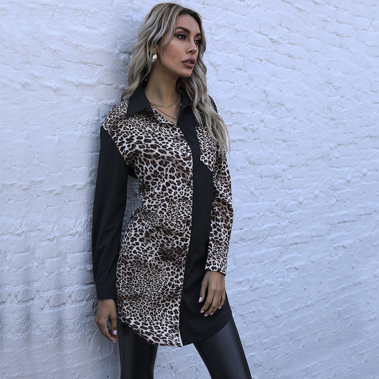 Women's Long-Sleeved Slim-Fit Waist Lapel Long Leopard Print Patchwork Shirt