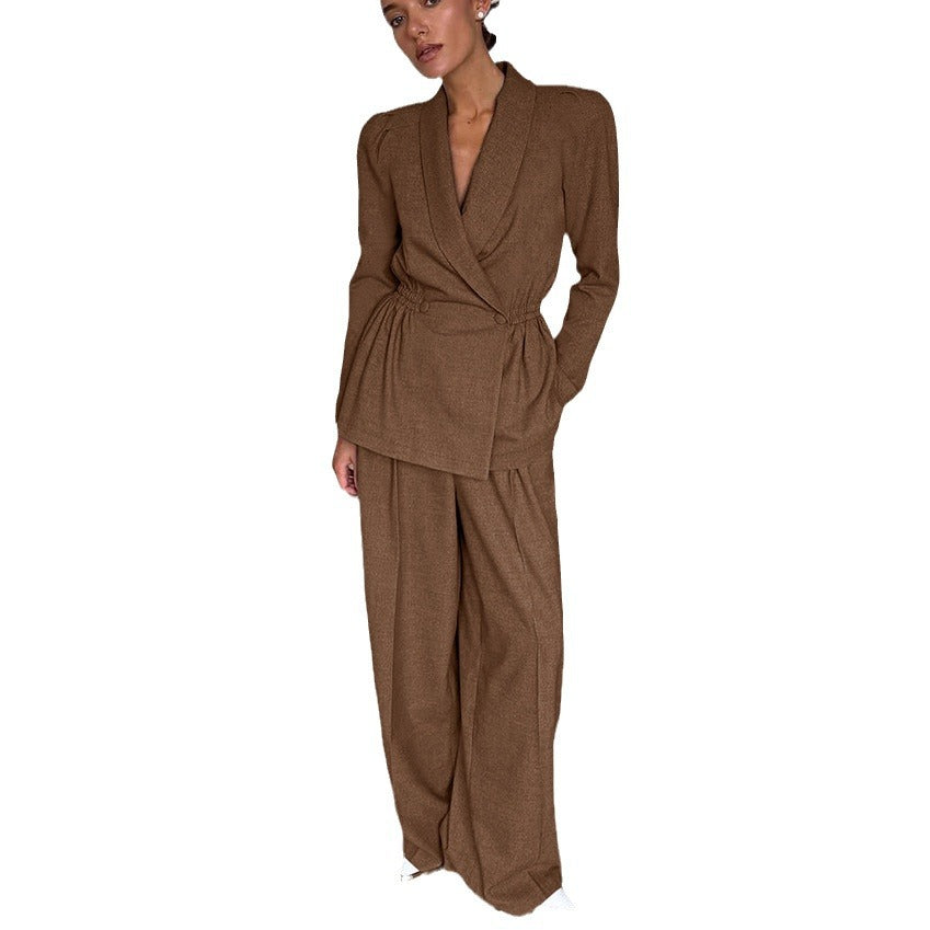 Stylish Retro Casual Suit Sexy Puffed Sleeve Suit Top High-Waisted Pants Two-Piece Commute