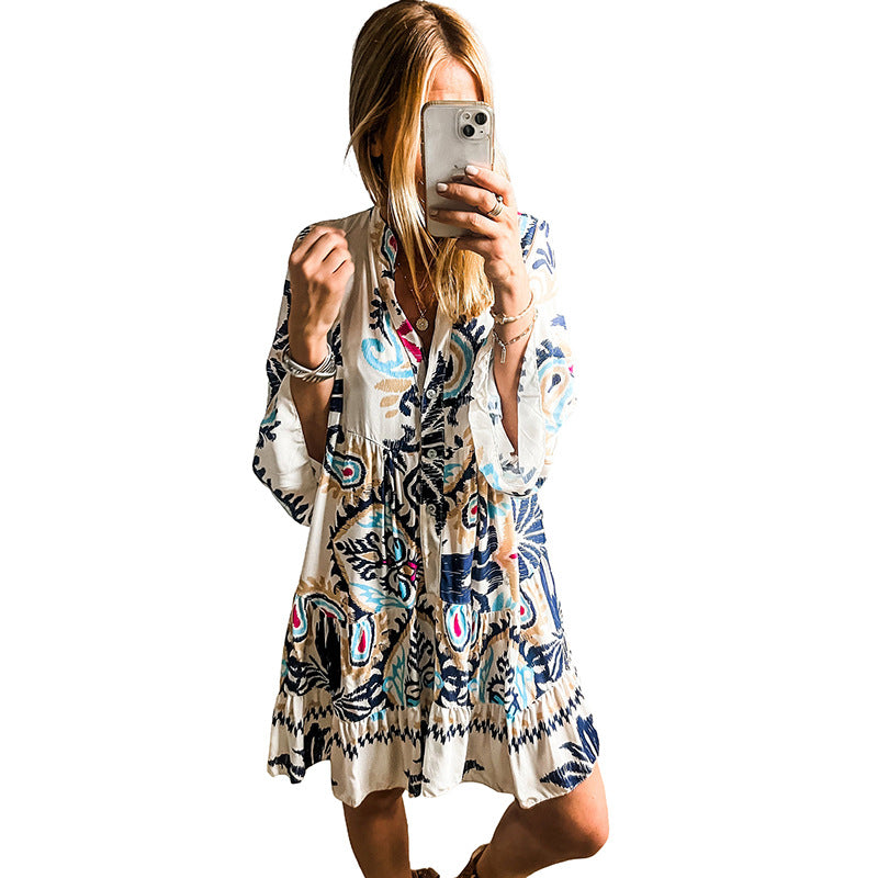 Spring New Pullover V-Neck Seven-Point Sleeve Dress Female National Style Print Knee-Length Skirt Women's Wear