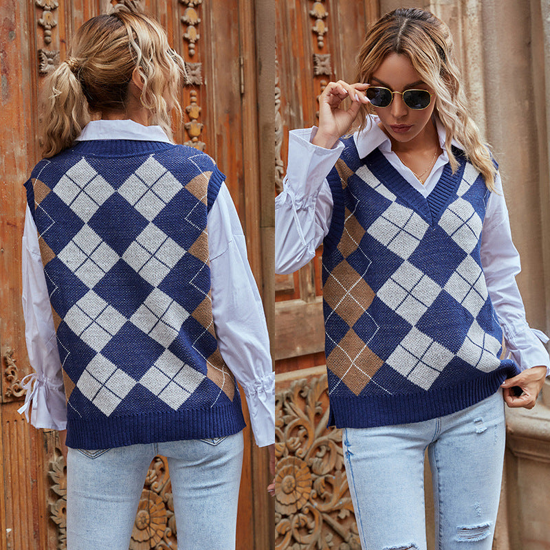 Hot Warm Diamond Check V-Neck Sweater Vest Women's Knitting Early Autumn