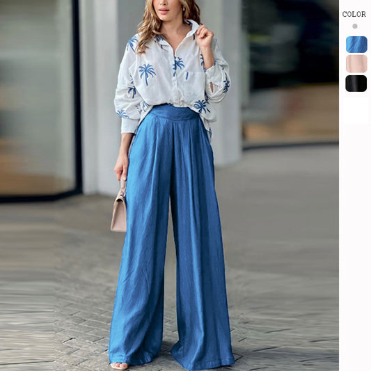 Autumn And Winter New Lapel Print Top Wide Leg Pants Fashion Suit Woman