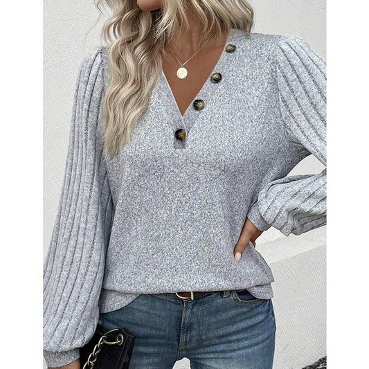 Autumn New Button Decoration Patchwork V-Neck Pullover Women Casual With A Solid Color Base Shirt Women