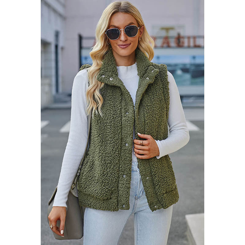 Autumn And Winter New Solid Color Waistcoat Women Casual Style Button Pocket Warm Sleeveless Blouse Woman