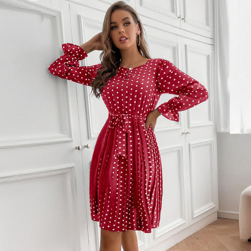 Vintage Women's Polka-Dot Autumn And Winter Pleated Skirt Round Neck Long-Sleeved Dress