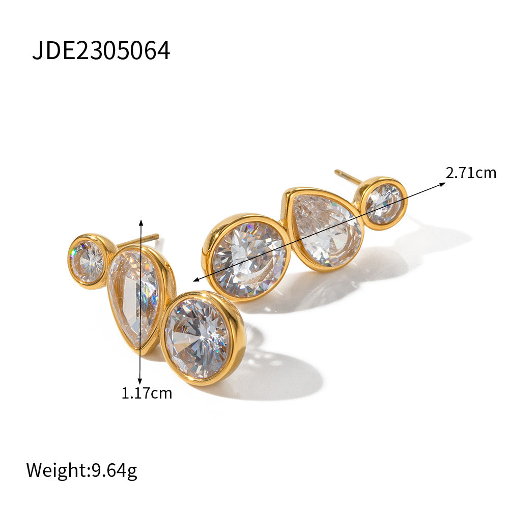 5pcs 18K Gold-Plated Zircon Earrings Geometric Stainless Steel Polished Splicing Earrings Women's Fashion Accessories