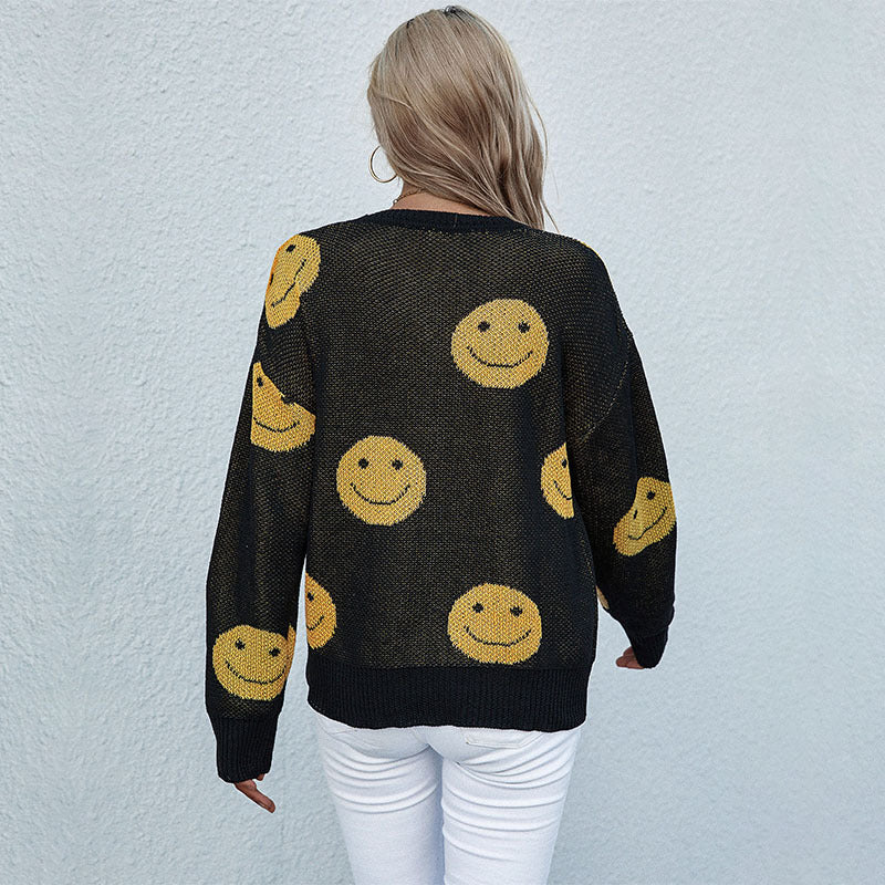 New Autumn And Winter Fashion Women's Casual Smiley Long-Sleeved Black Sweater