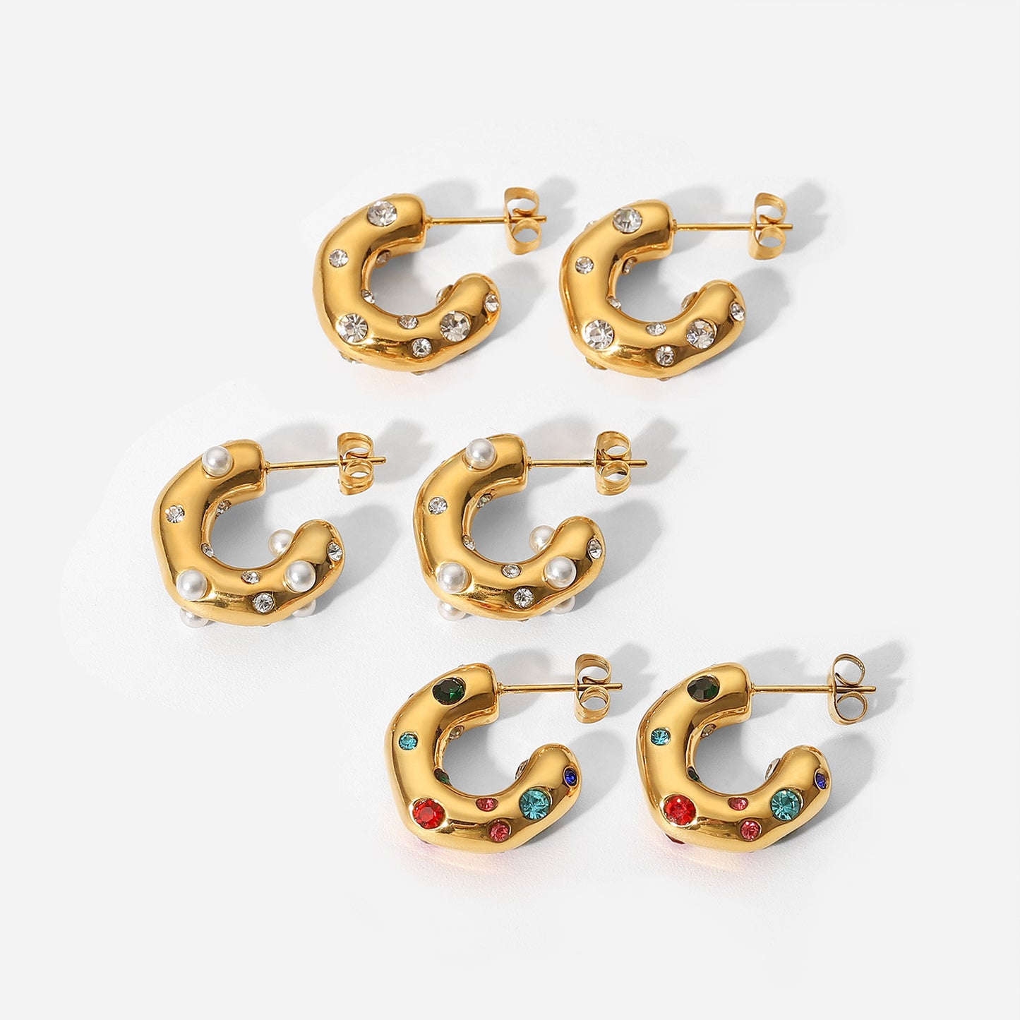 5pcs Shaped Hammer Pattern Inlaid With Zircon Inlaid Pearl C-Shaped Earring 18K Gold Stainless Steel Earrings